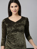 Women's Olive Self Design V Neck Asymmetric Hem Sheath Dress