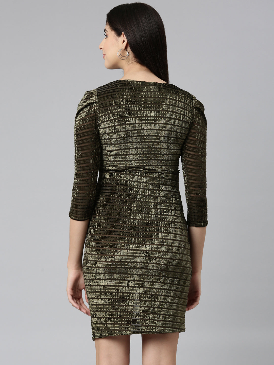 Women's Olive Self Design V Neck Asymmetric Hem Sheath Dress