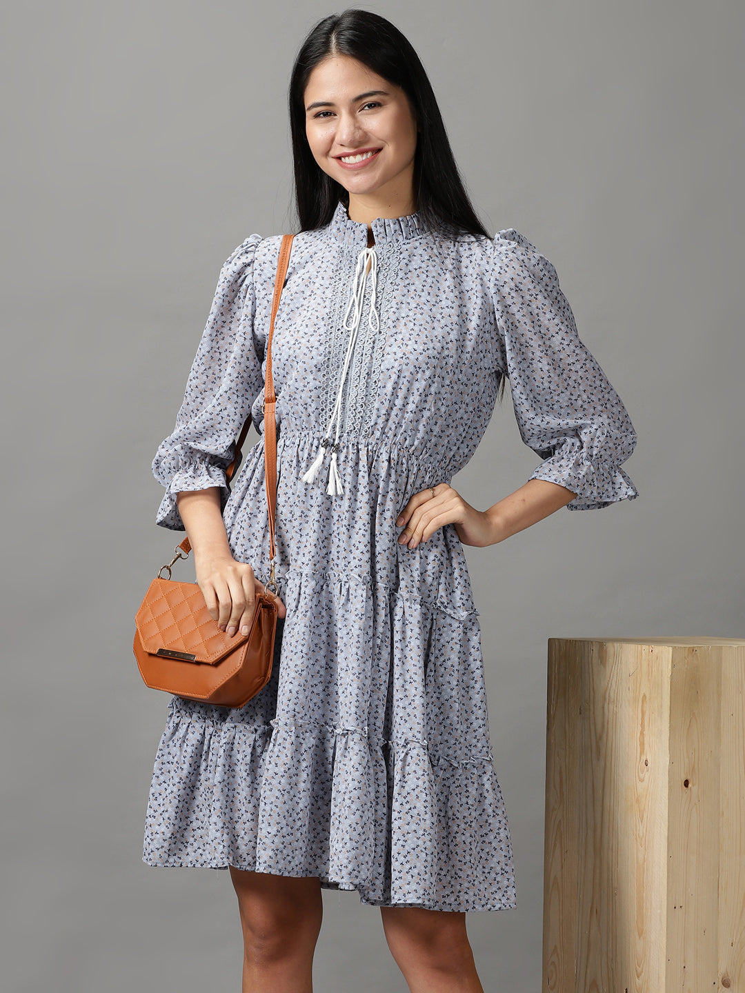 Women's Blue Floral Chiffon Fit & Flare Dress