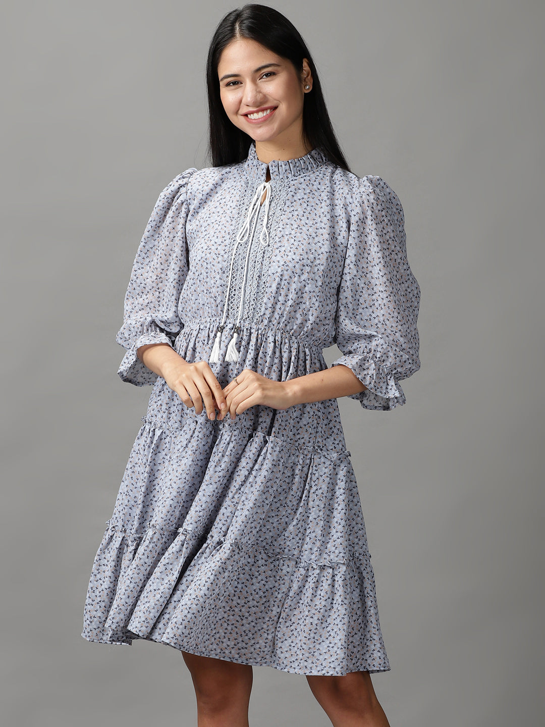 Women's Blue Floral Chiffon Fit & Flare Dress