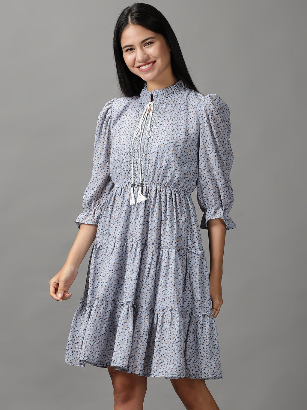 Women's Blue Floral Chiffon Fit & Flare Dress