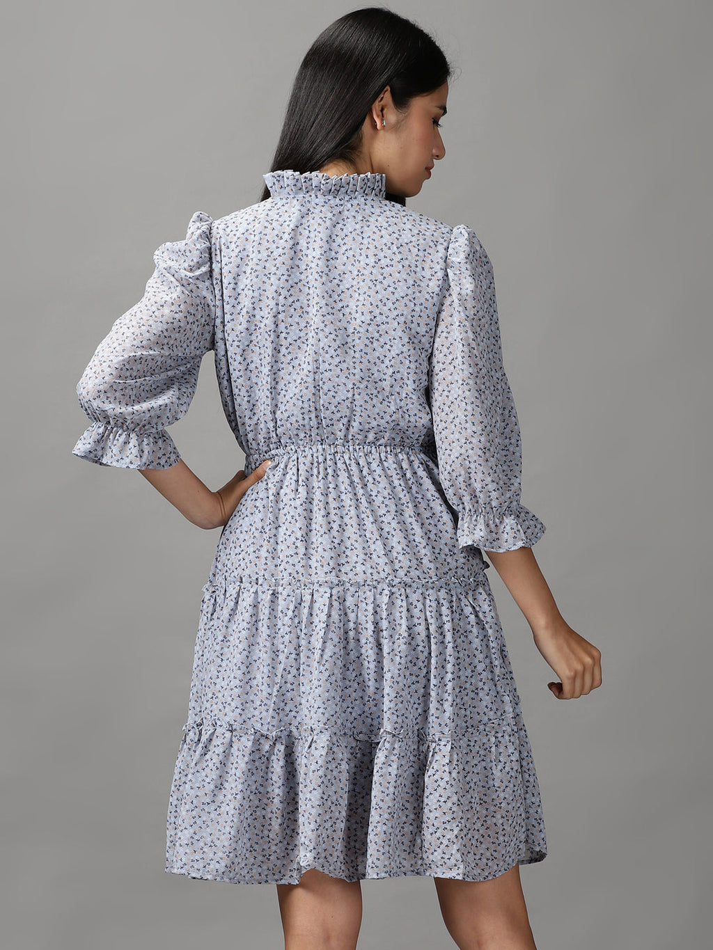 Women's Blue Floral Chiffon Fit & Flare Dress