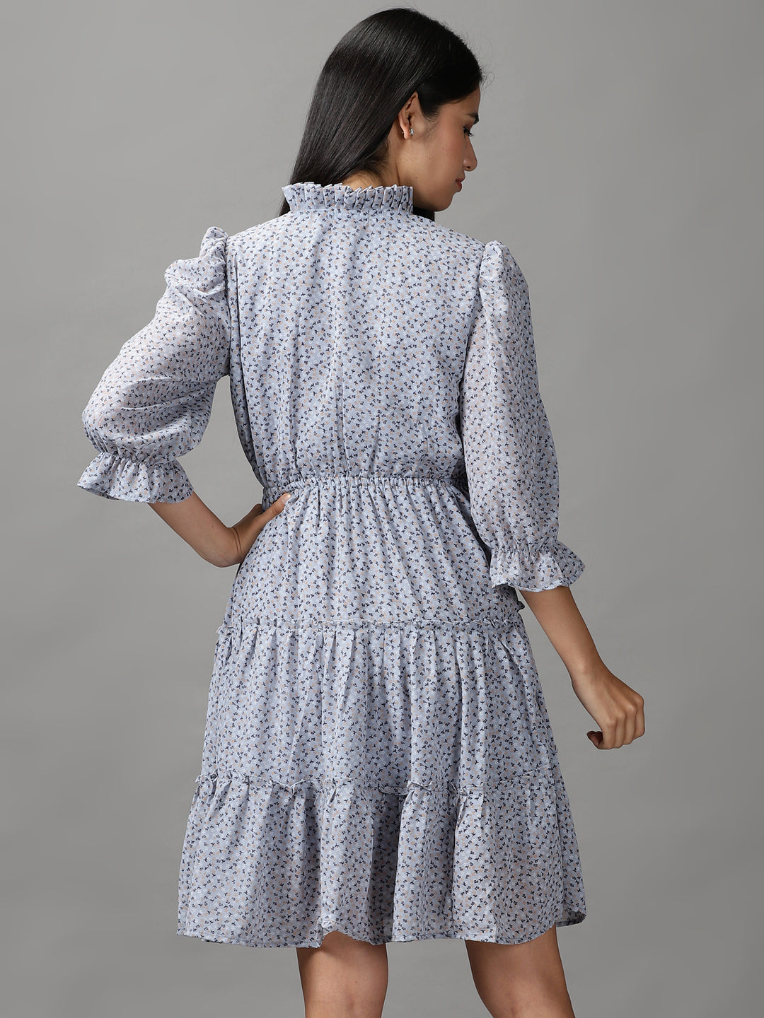 Women's Blue Floral Chiffon Fit & Flare Dress