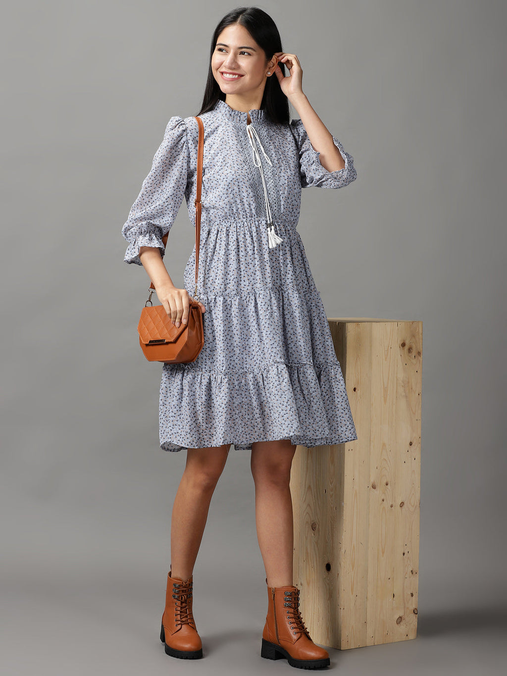 Women's Blue Floral Chiffon Fit & Flare Dress