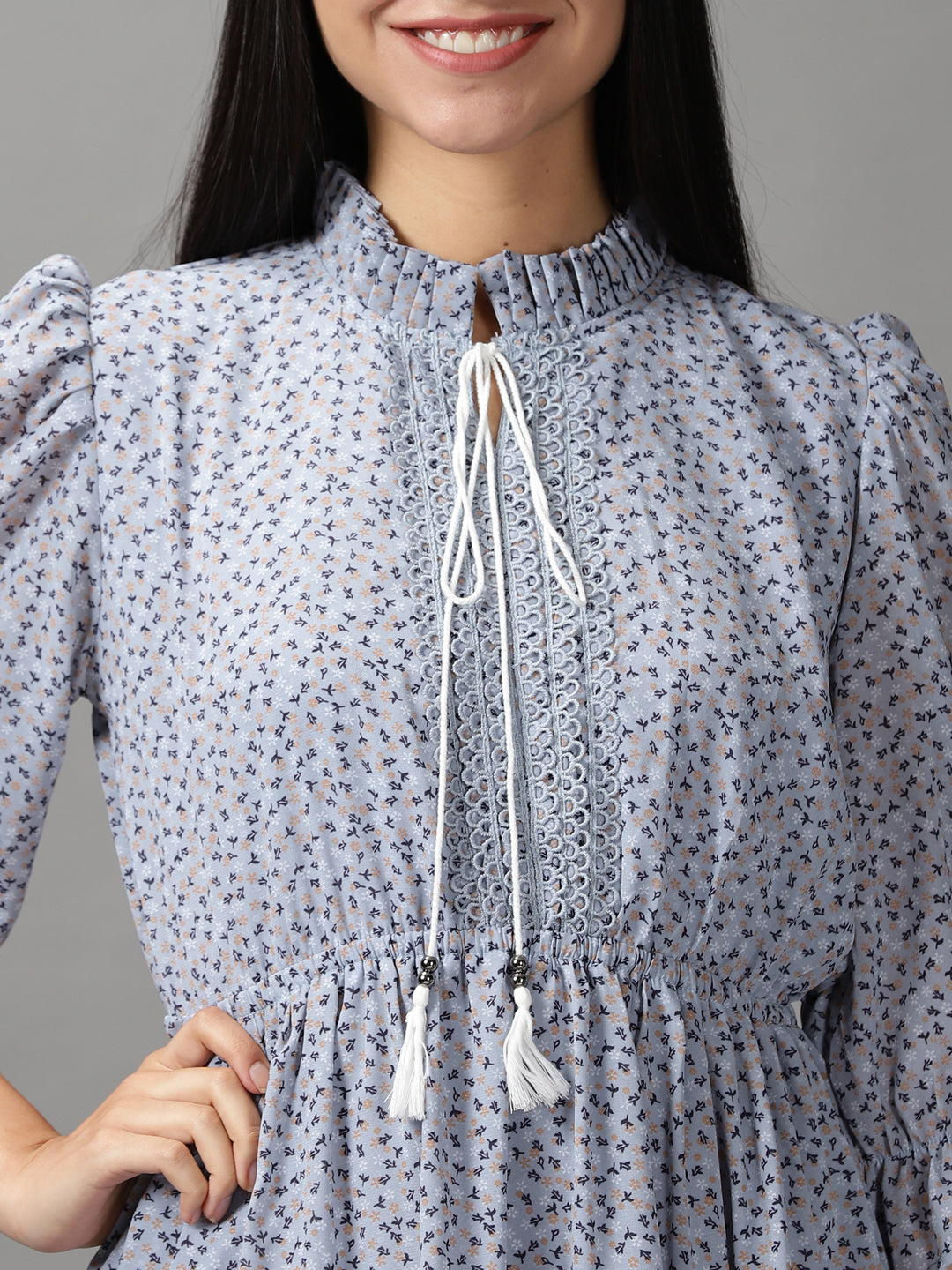 Women's Blue Floral Chiffon Fit & Flare Dress
