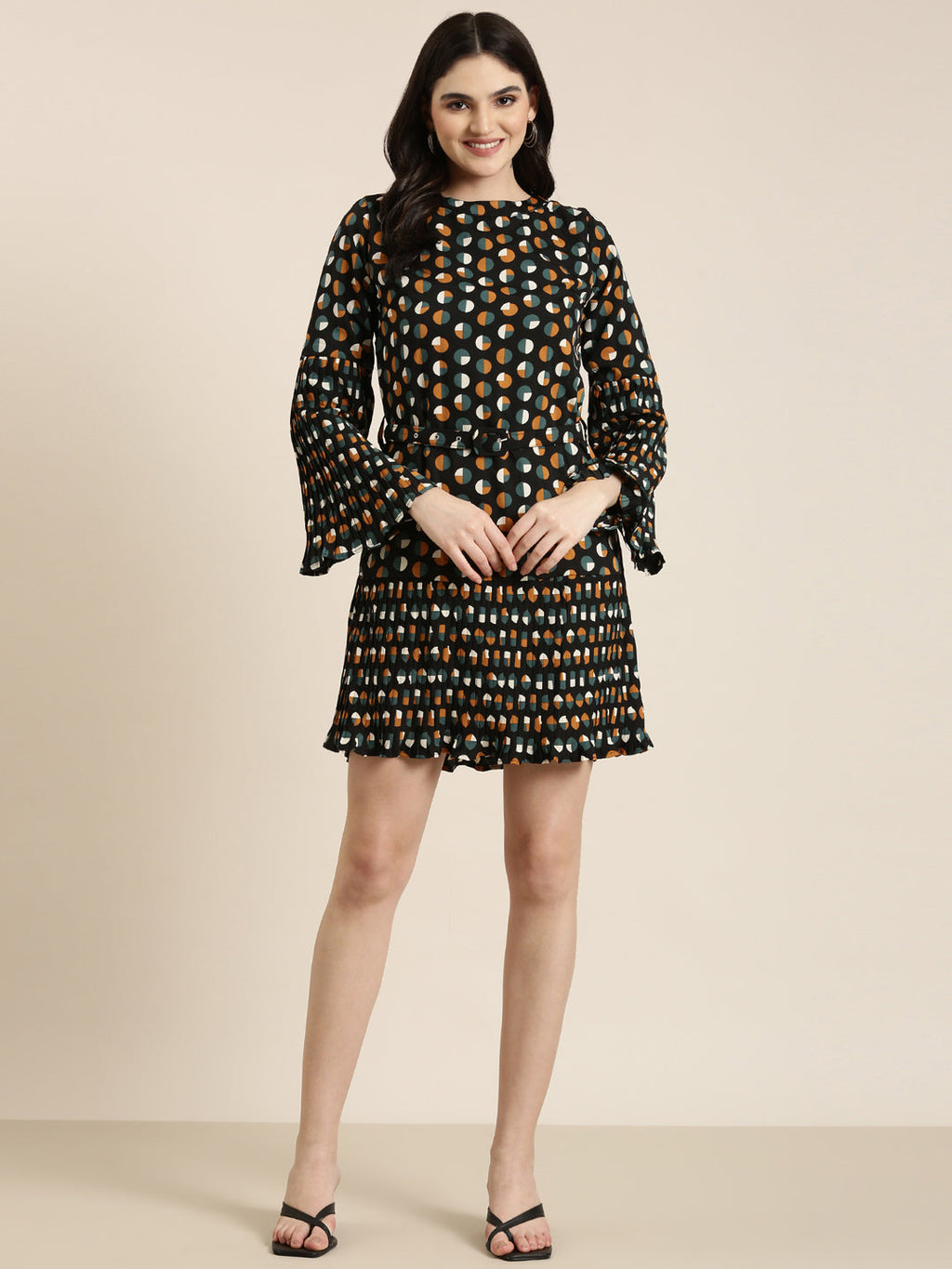 Women's Black Polka Dot Print Crepe A-Line Dress