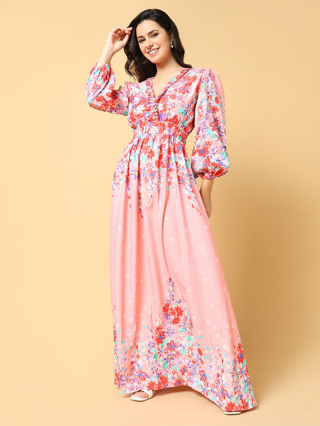 Women's Pink Floral Printed Puff Sleeve Ruffled Fit & Flare Maxi Dress