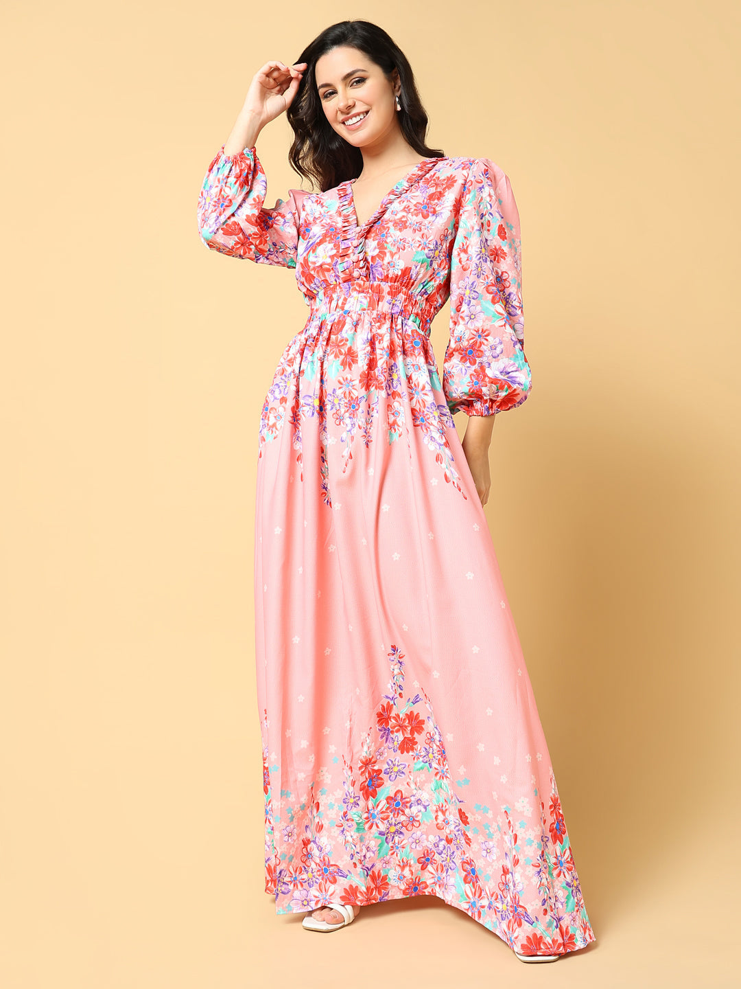 Women's Pink Floral Printed Puff Sleeve Ruffled Fit & Flare Maxi Dress
