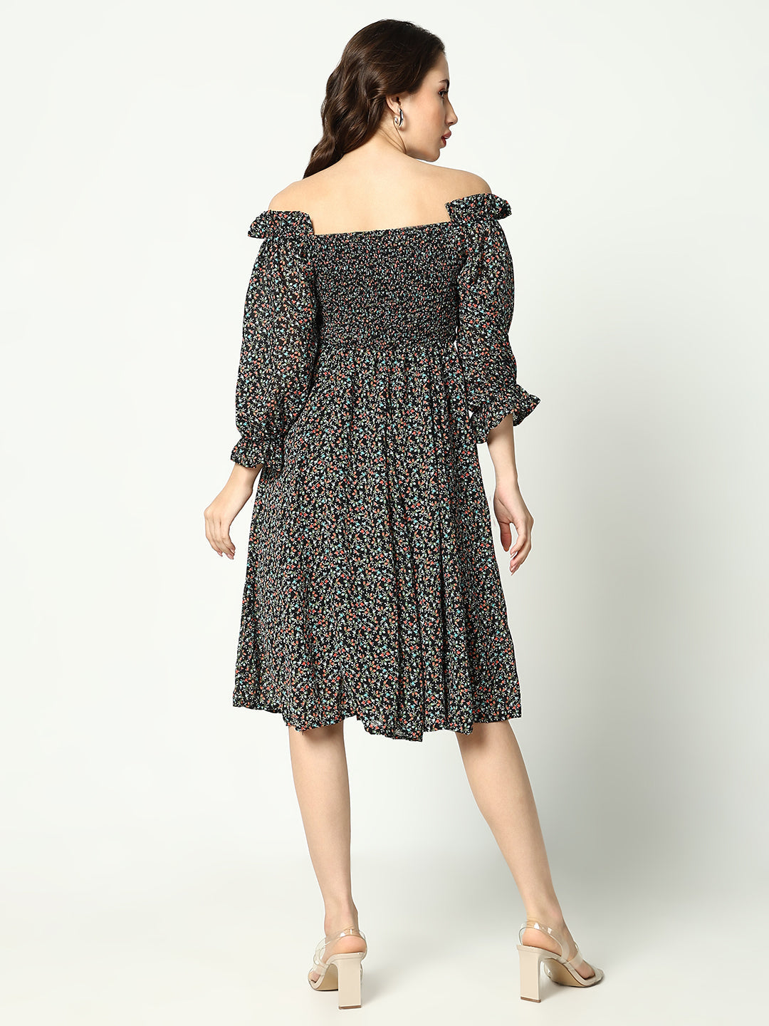 Women's Black Floral Printed Fit& Flare Dress