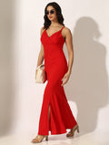 Women's Red Sleeveless Fish Cut Dress with Side Slit
