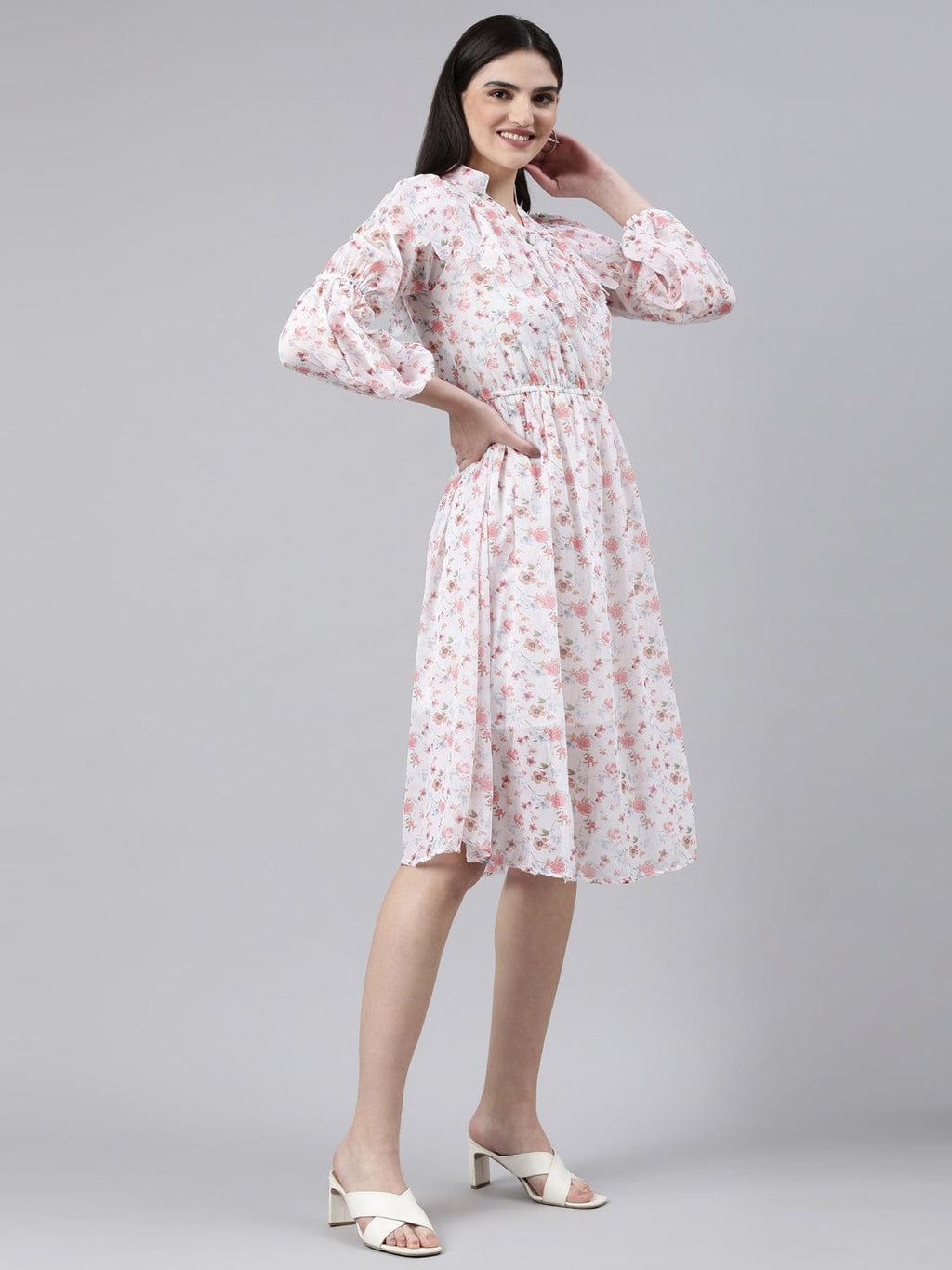 Women's White Floral Print Mandarin Collar Ruffled Fit & Flare Dress