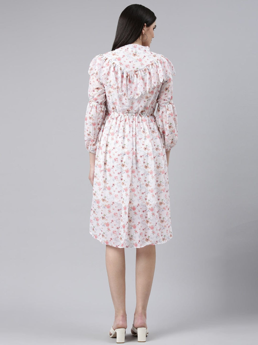 Women's White Floral Print Mandarin Collar Ruffled Fit & Flare Dress