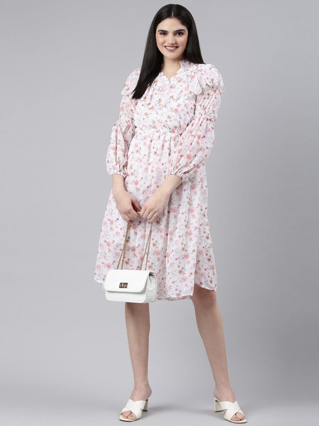 Women's White Floral Print Mandarin Collar Ruffled Fit & Flare Dress