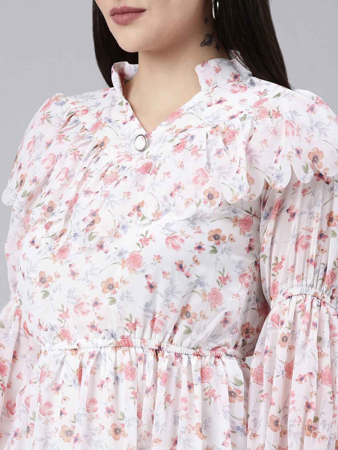 Women's White Floral Print Mandarin Collar Ruffled Fit & Flare Dress