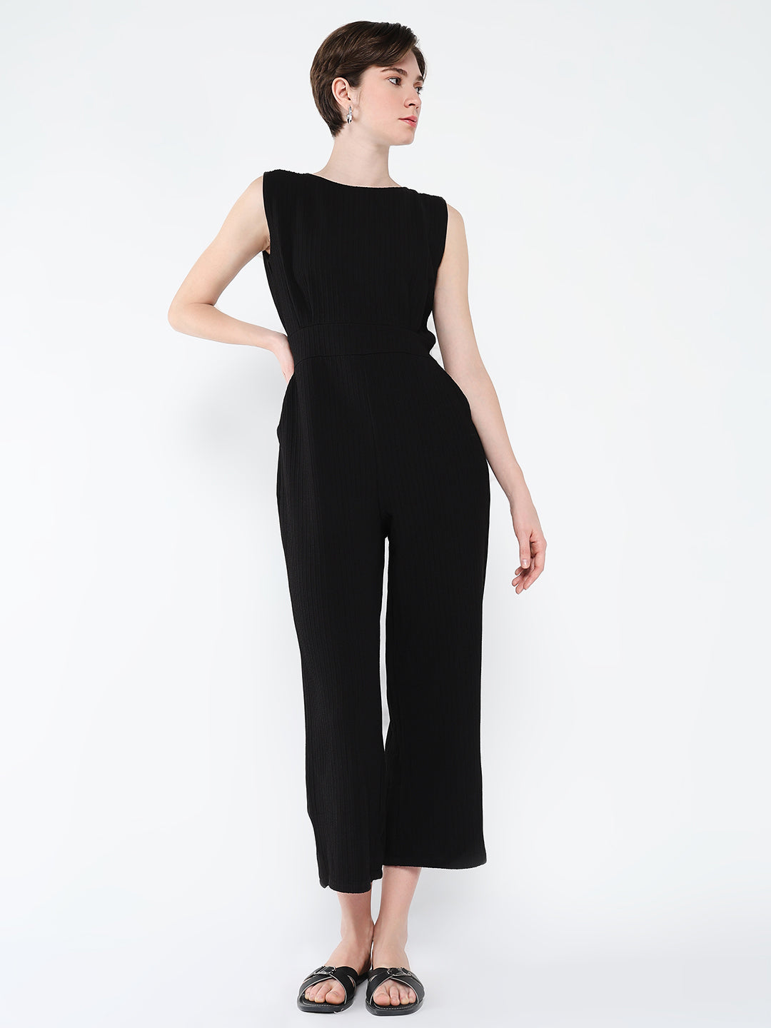 Women's Black Waist Tie-Ups Basic Jumpsuit