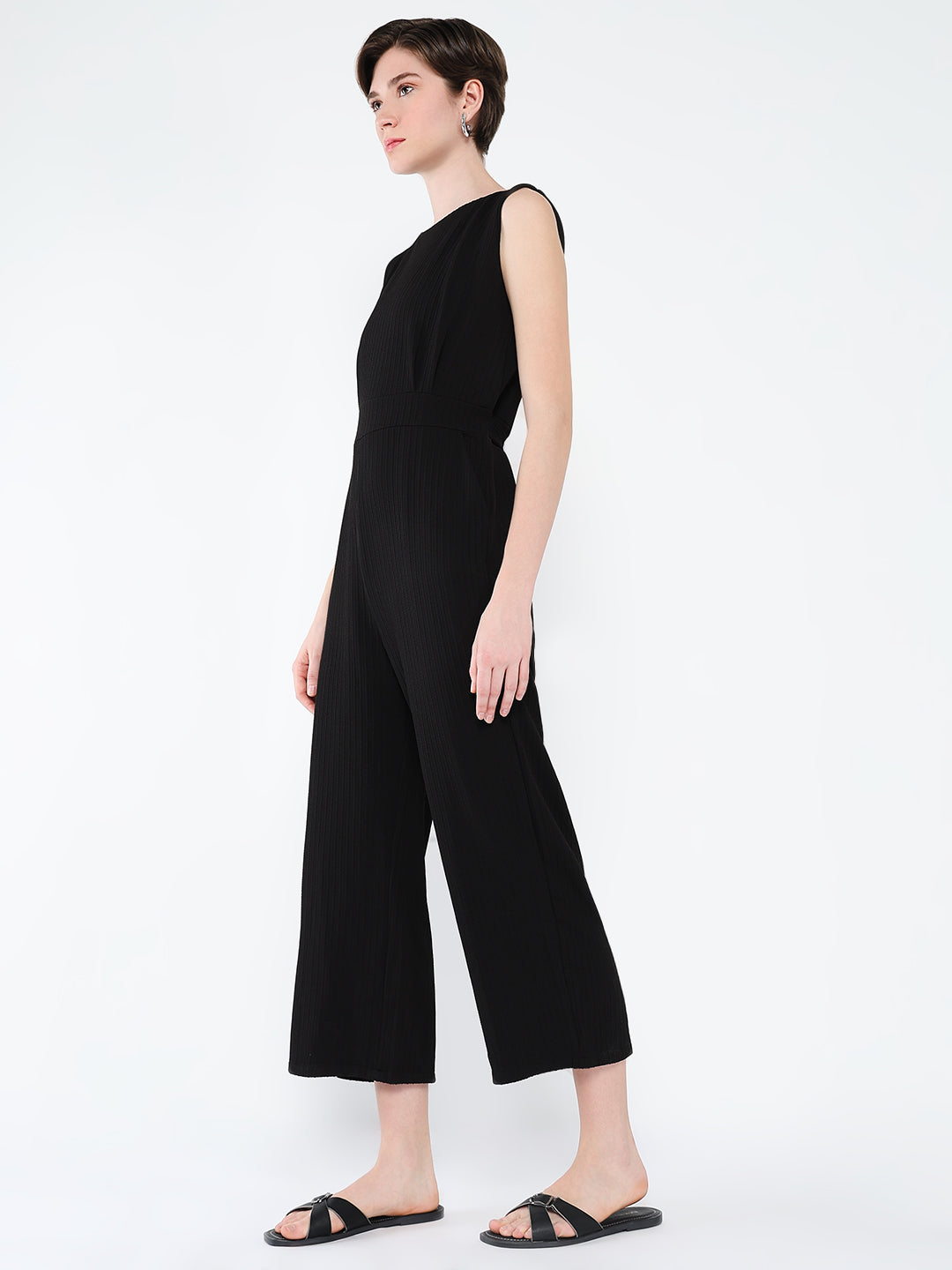 Women's Black Waist Tie-Ups Basic Jumpsuit