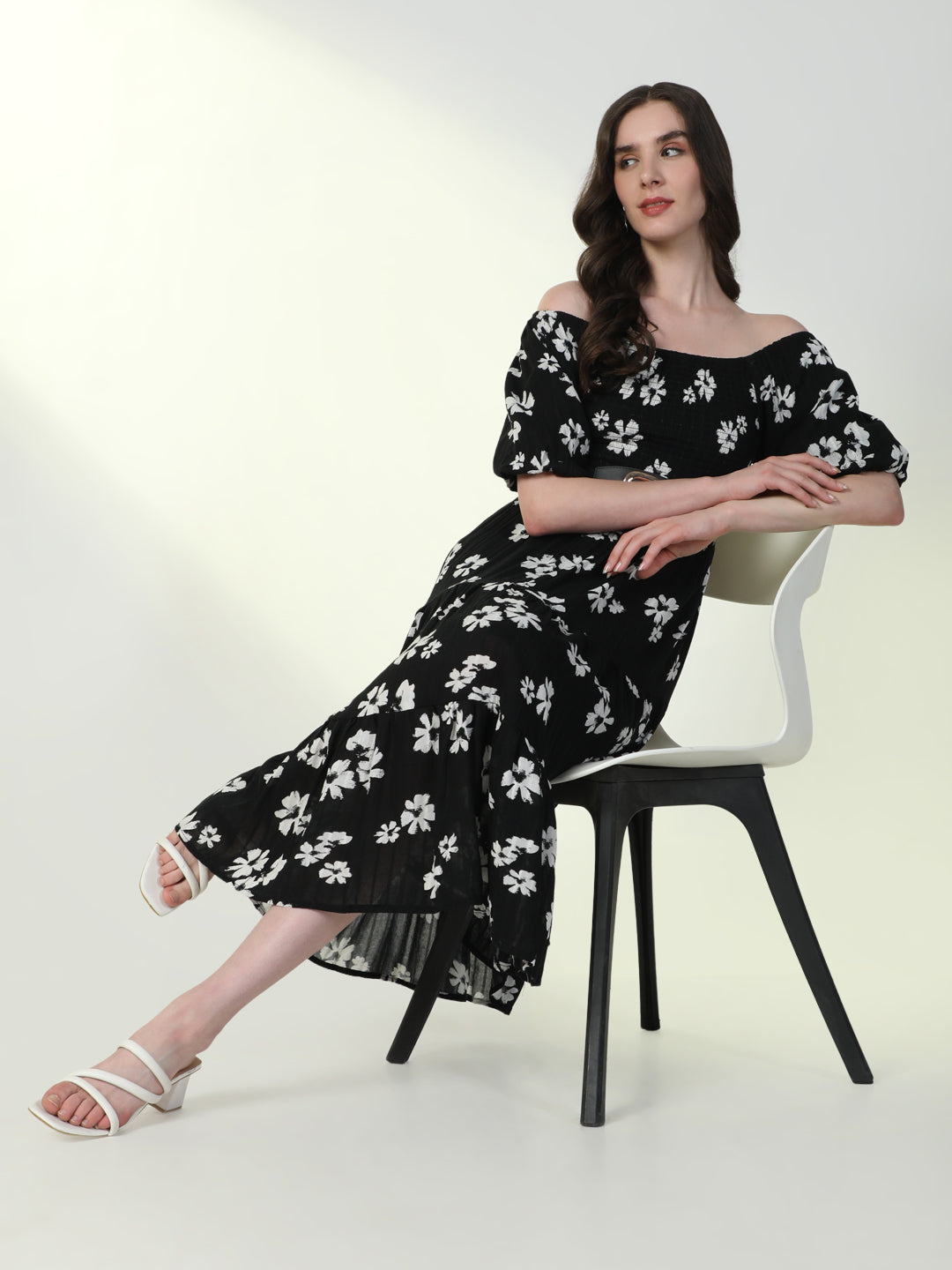 Women's Floral Black Flared Dress with Belt