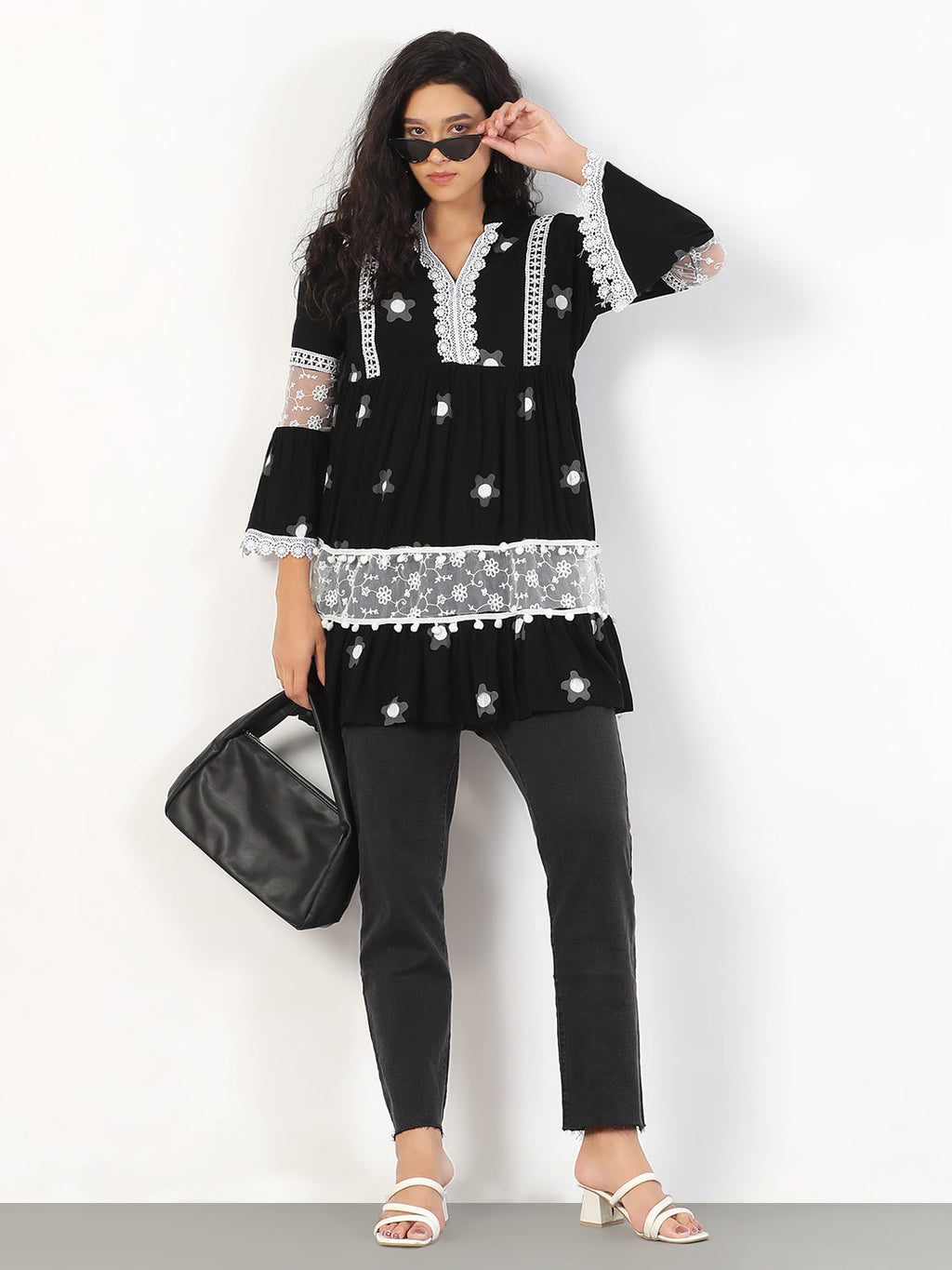 Women's Printed Black Longline Top