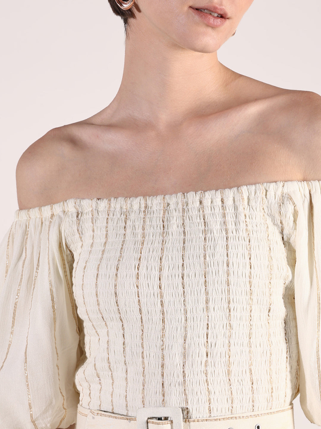 Women's Cream Striped Fit and Flare Dress with Belt