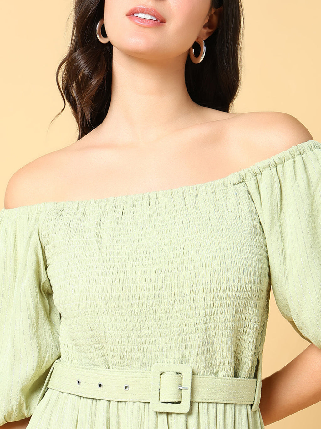 Women's Solid Green Fit and Flare Dress with Belt