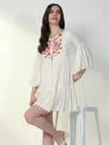 Women's Off White Embroidered Tie-Up Neck Bell Sleeve A-Line Mini Dress