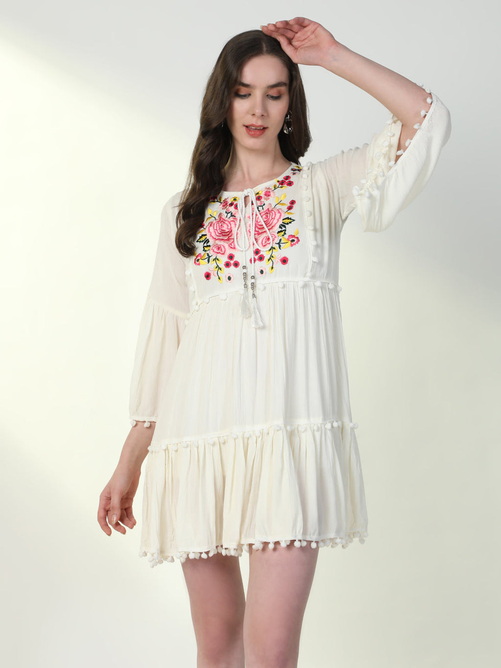 Women's Off White Embroidered Tie-Up Neck Bell Sleeve A-Line Mini Dress