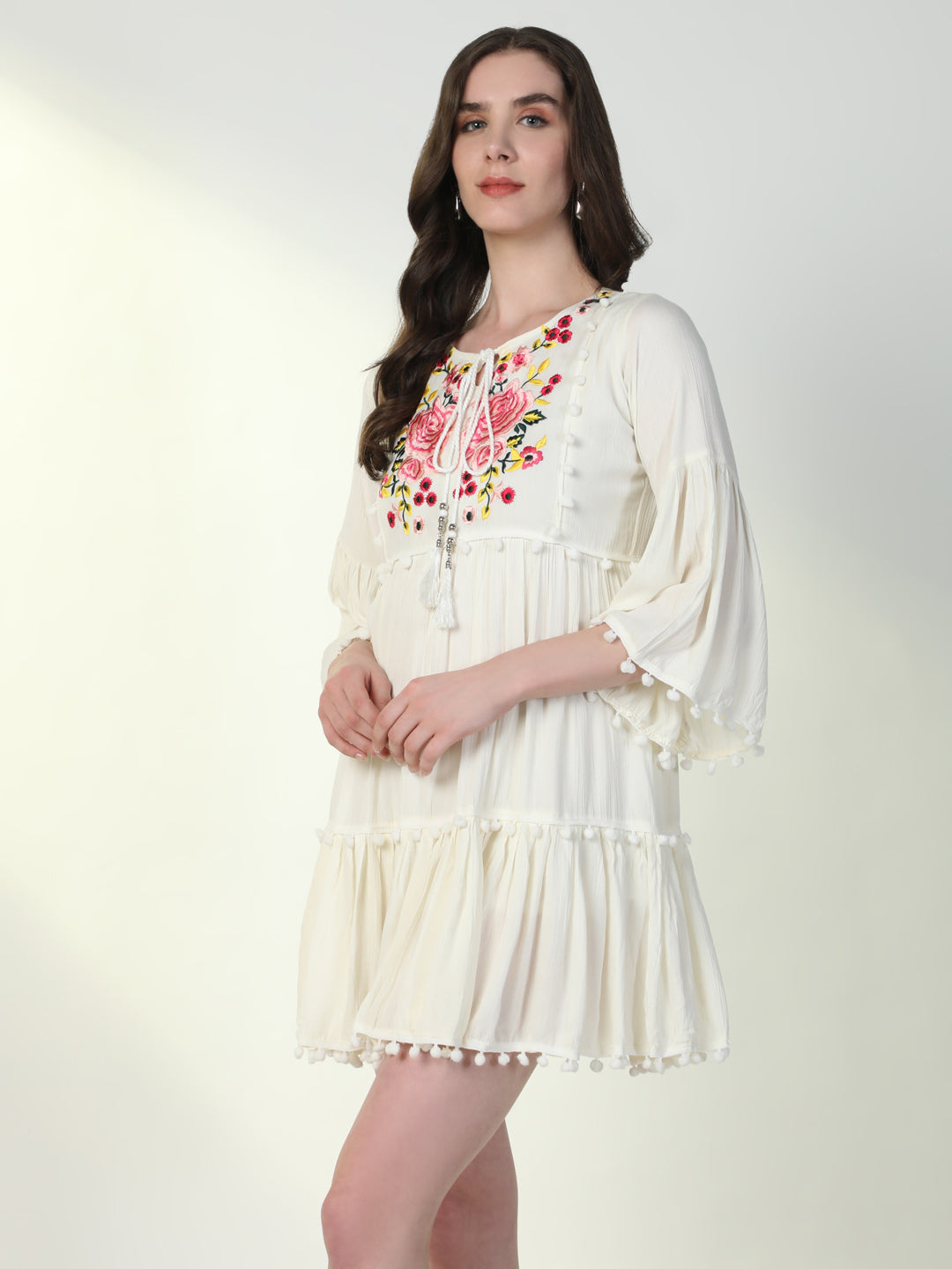 Women's Off White Embroidered Tie-Up Neck Bell Sleeve A-Line Mini Dress