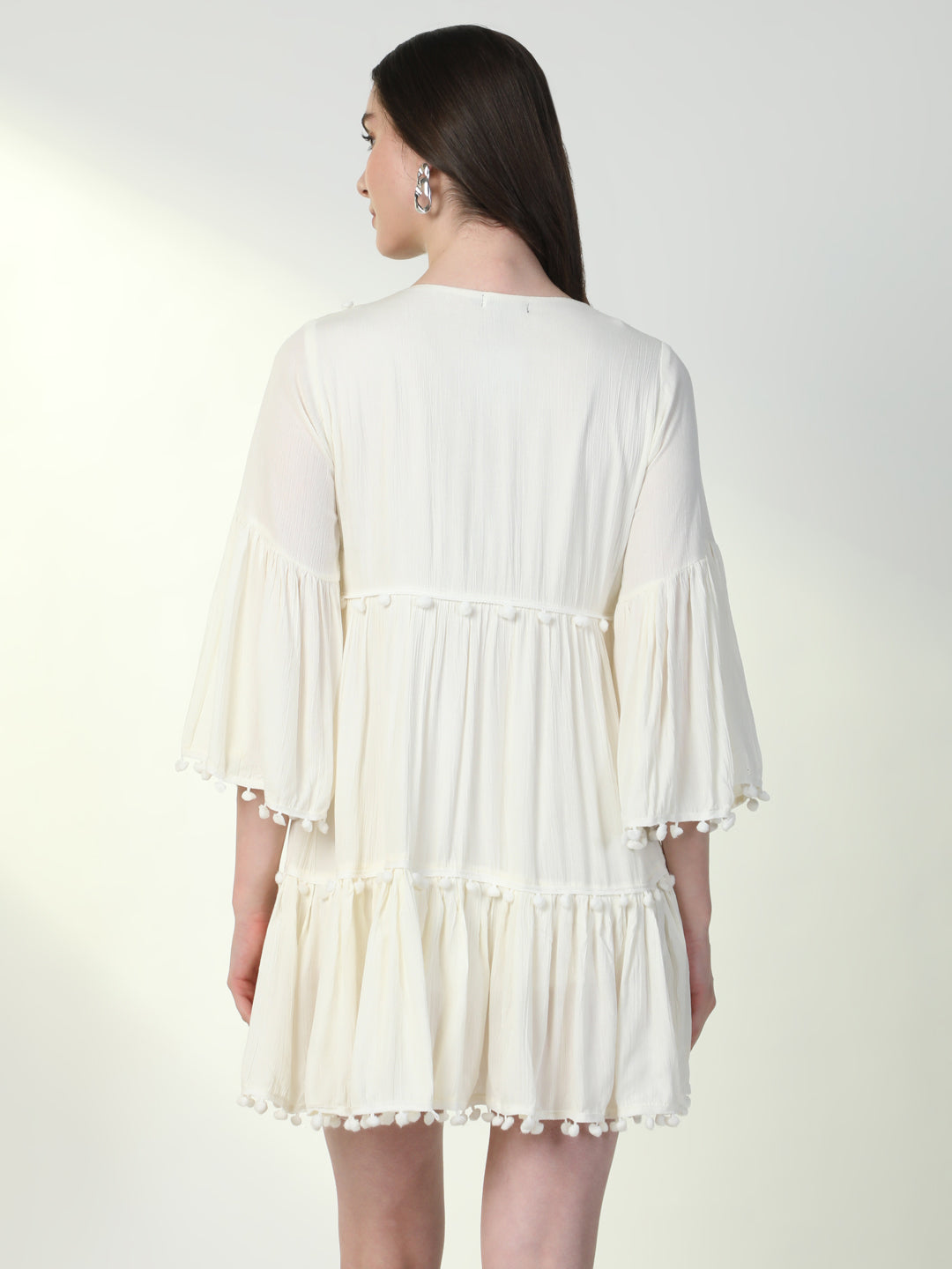 Women's Off White Embroidered Tie-Up Neck Bell Sleeve A-Line Mini Dress