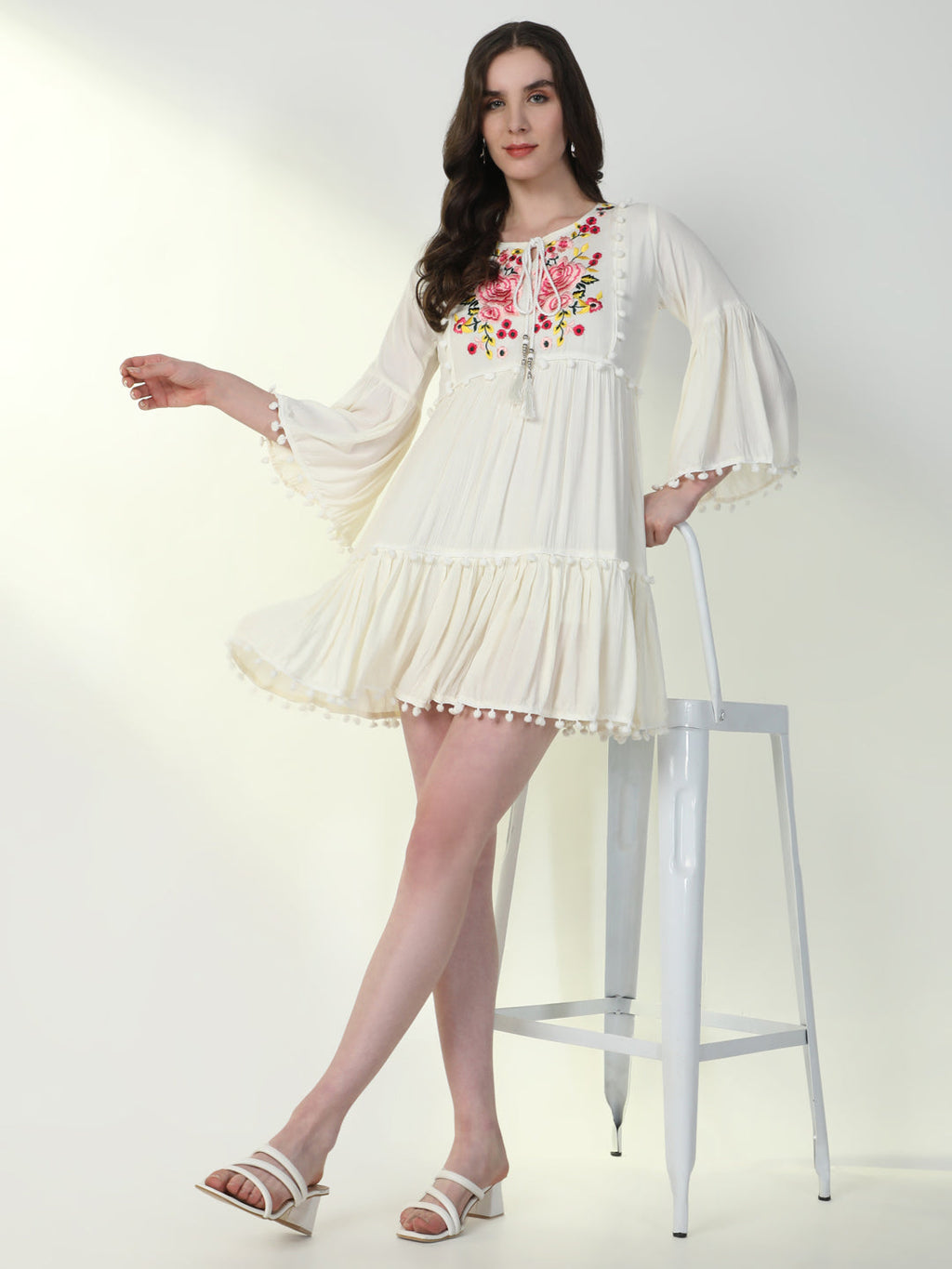 Women's Off White Embroidered Tie-Up Neck Bell Sleeve A-Line Mini Dress