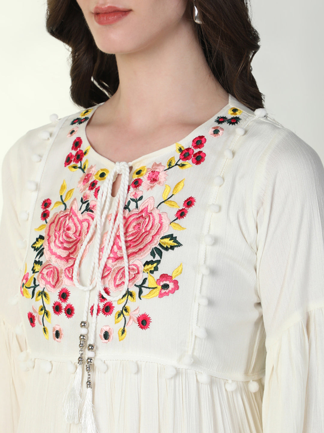 Women's Off White Embroidered Tie-Up Neck Bell Sleeve A-Line Mini Dress