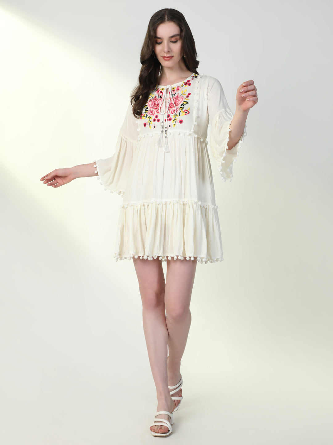 Women's Off White Embroidered Tie-Up Neck Bell Sleeve A-Line Mini Dress