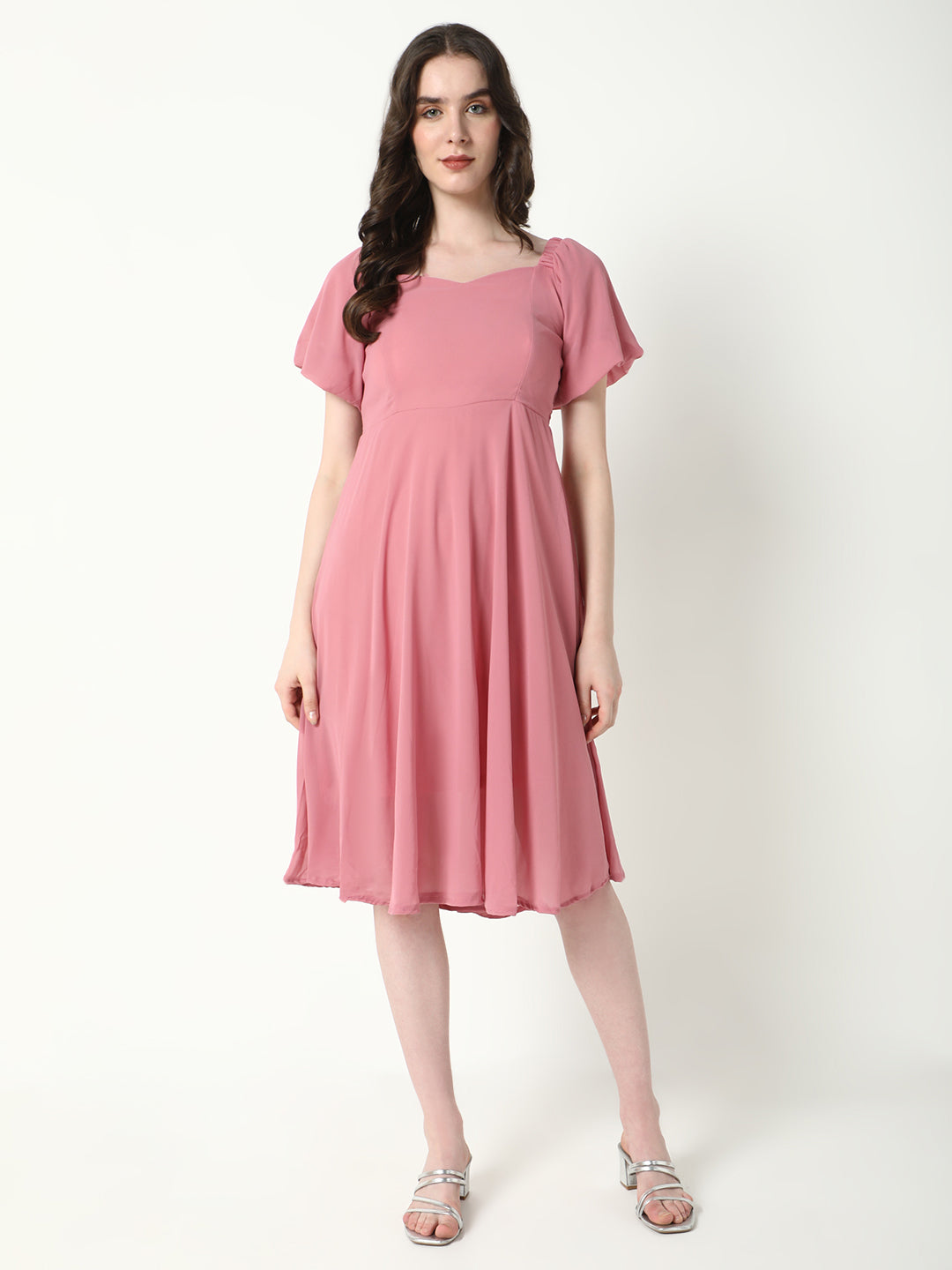 Women's Solid Pink Flared Dress