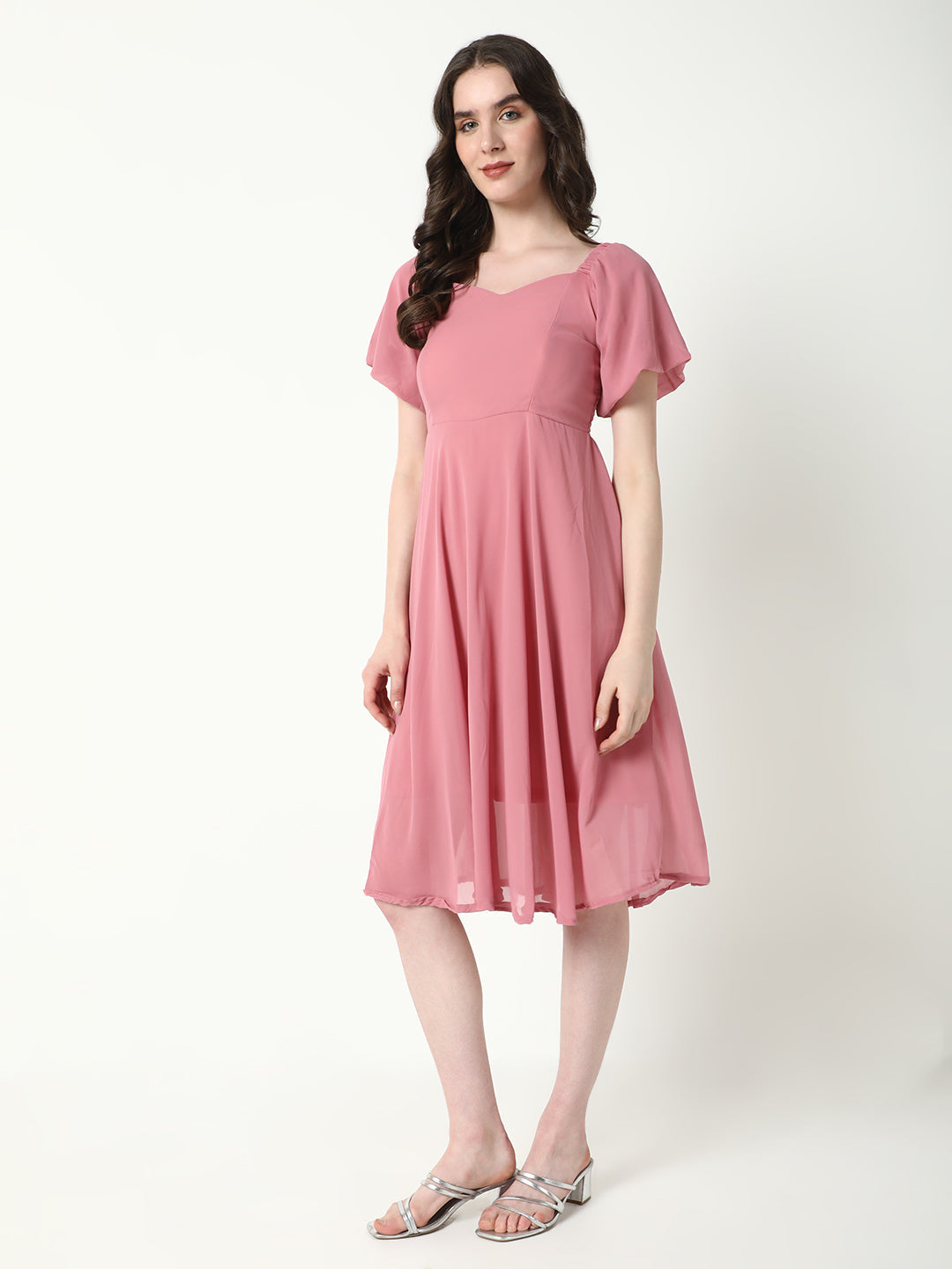 Women's Solid Pink Flared Dress