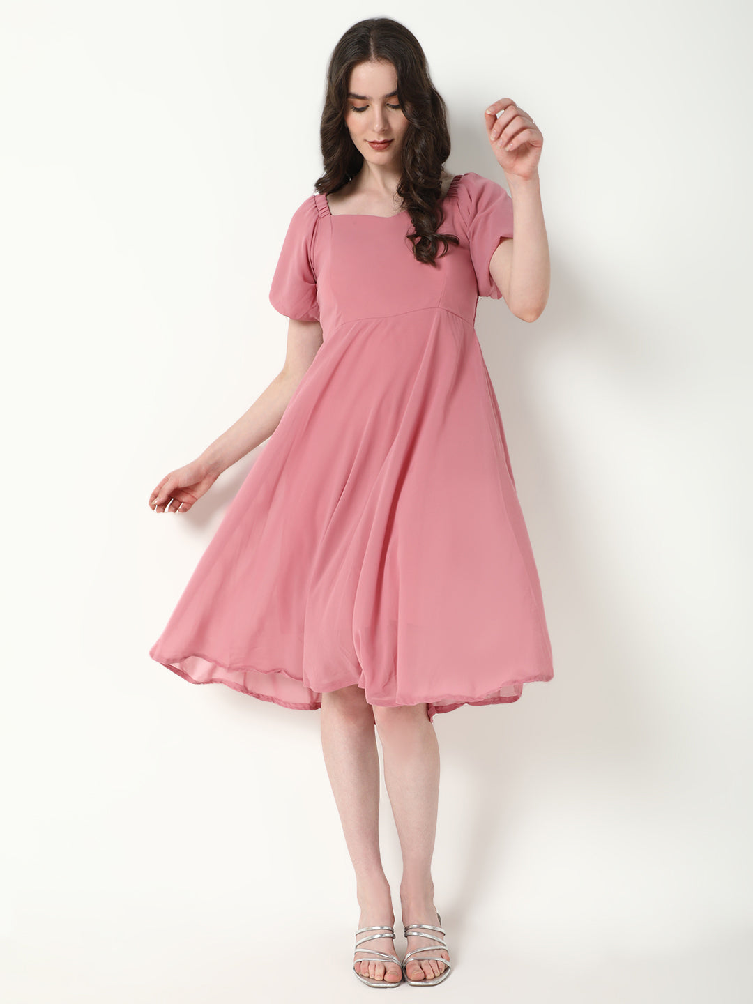 Women's Solid Pink Flared Dress