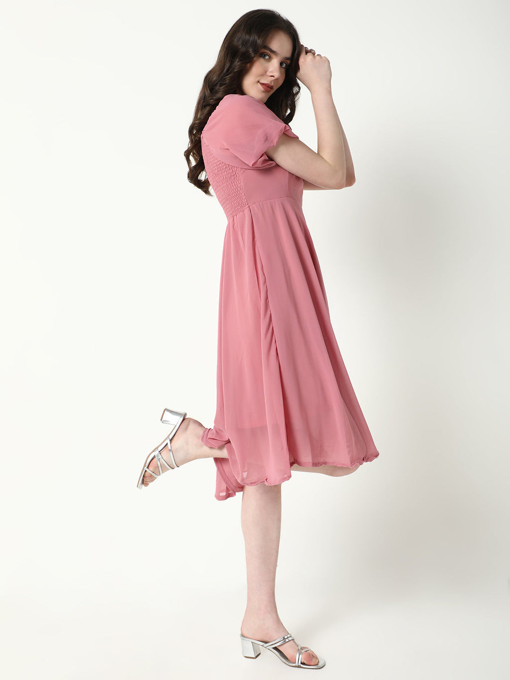 Women's Solid Pink Flared Dress