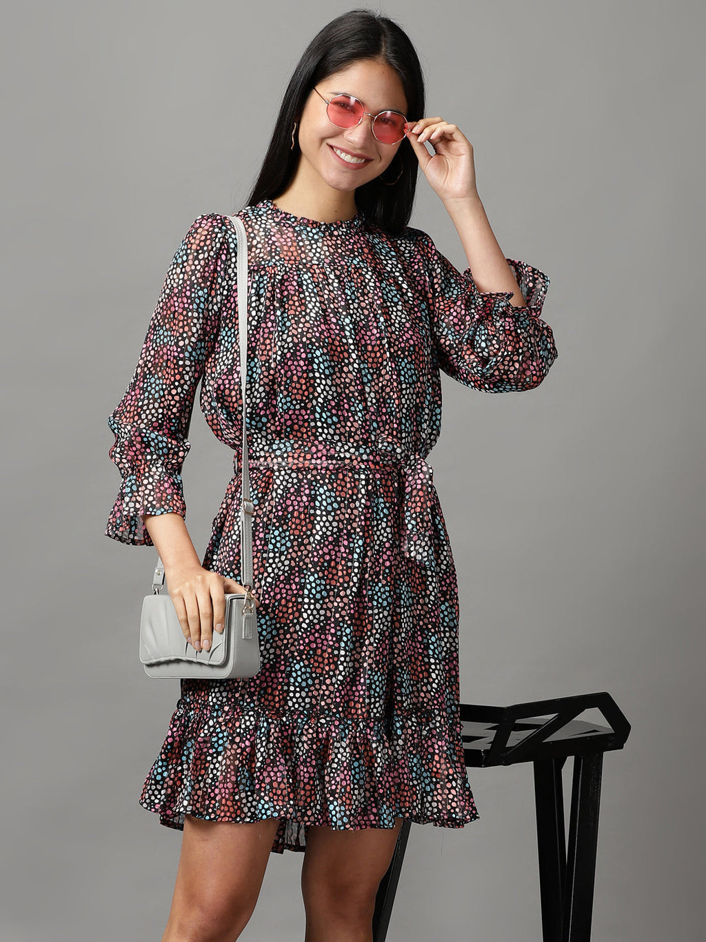 Women's Multi Geometric Printed Fit and Flare Dress