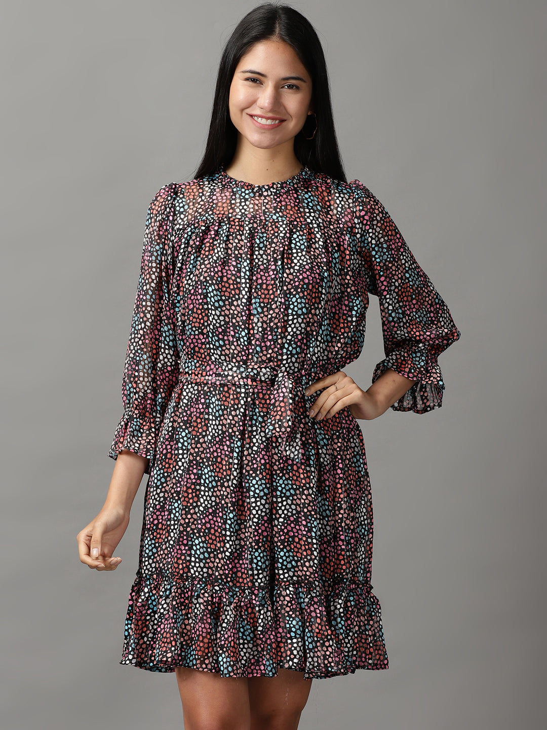 Women's Multi Geometric Printed Fit and Flare Dress