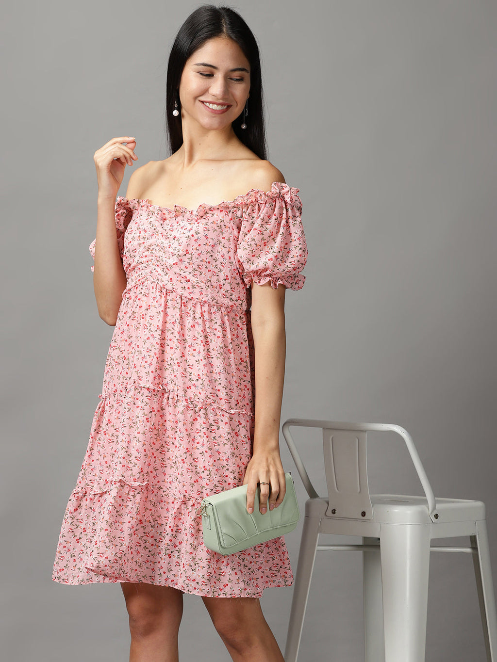 Women's Pink Floral Off-Shoulder Layered Empire Dress