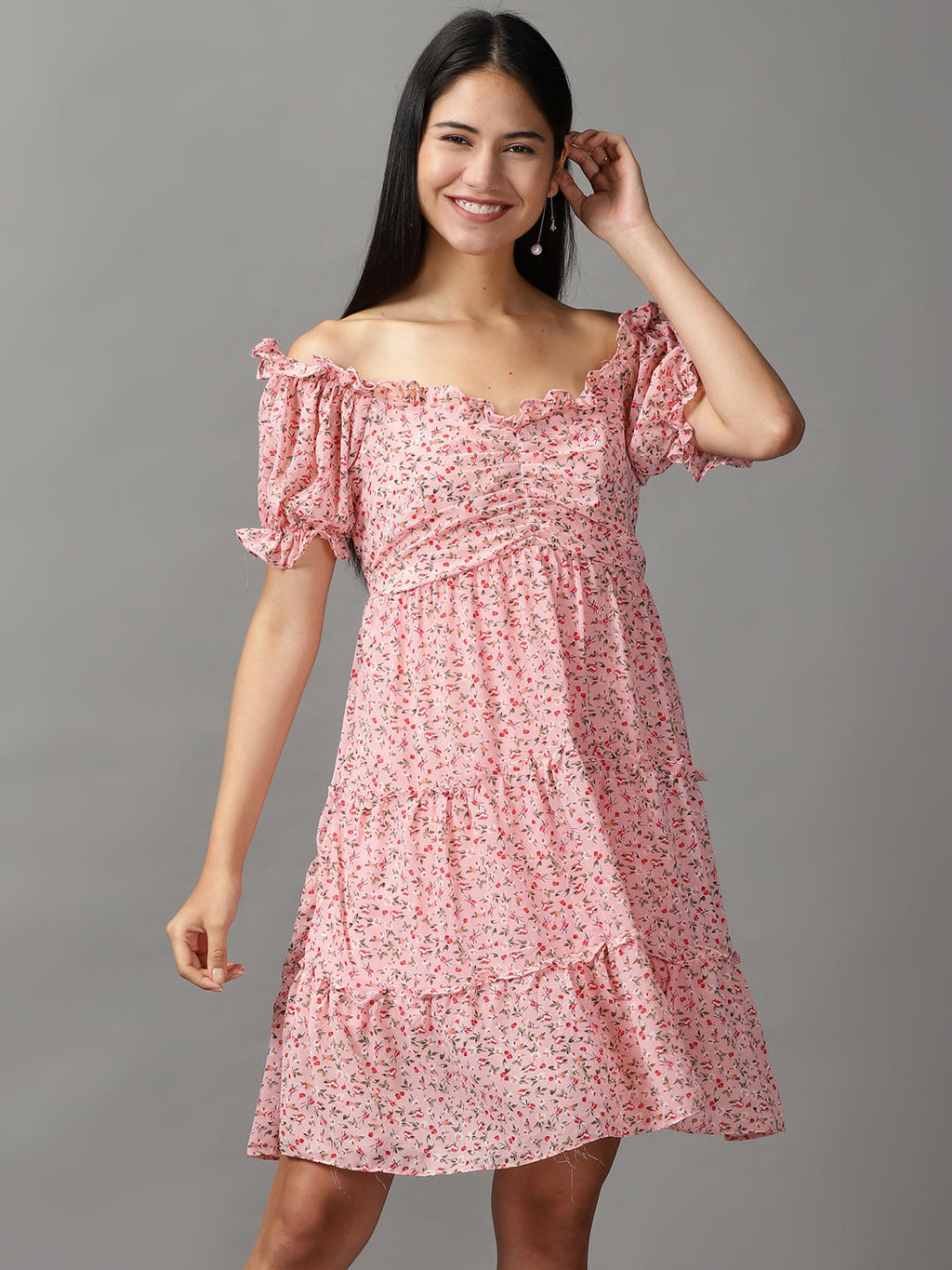 Women's Pink Floral Off-Shoulder Layered Empire Dress