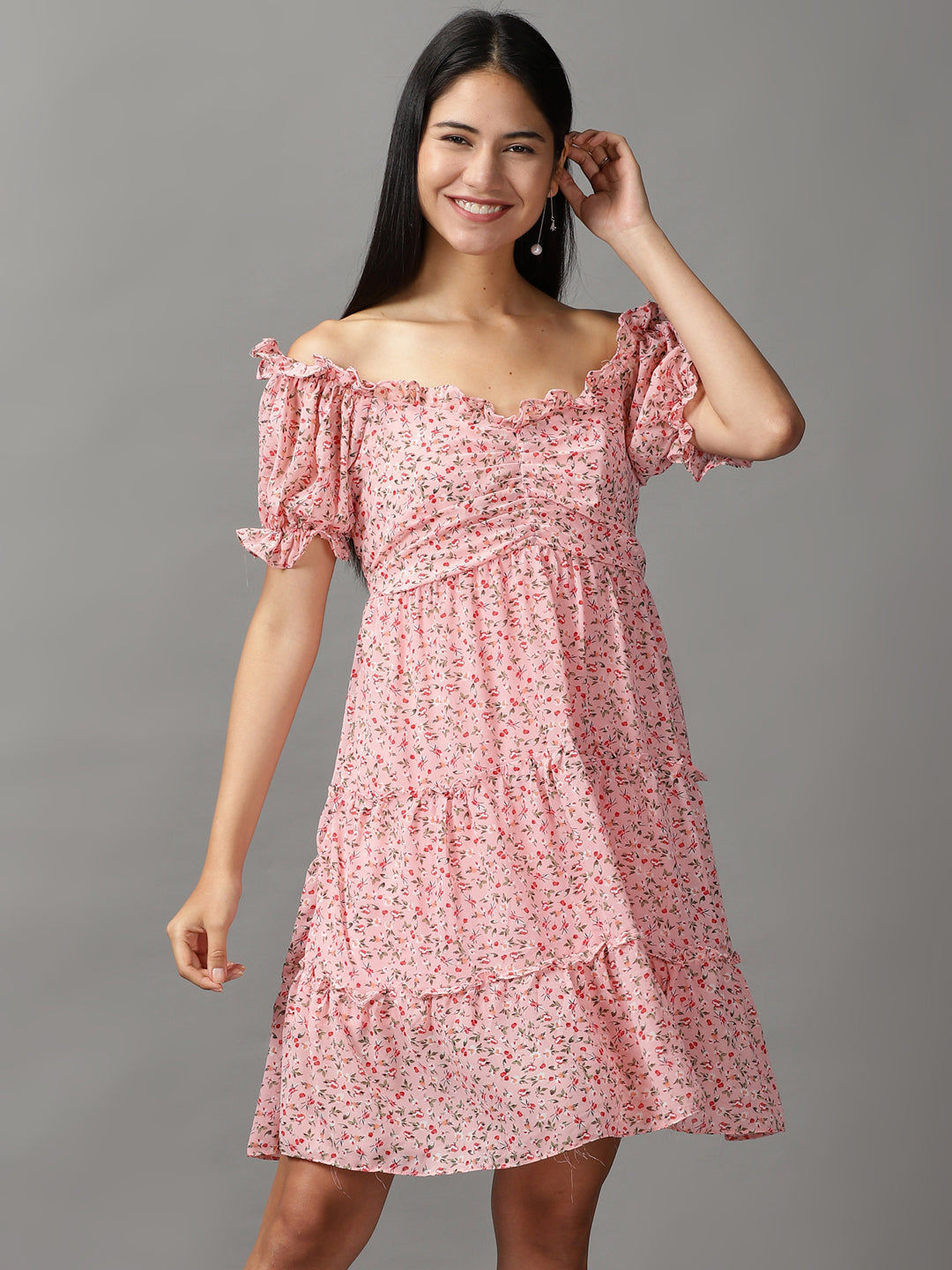 Women's Pink Floral Off-Shoulder Layered Empire Dress