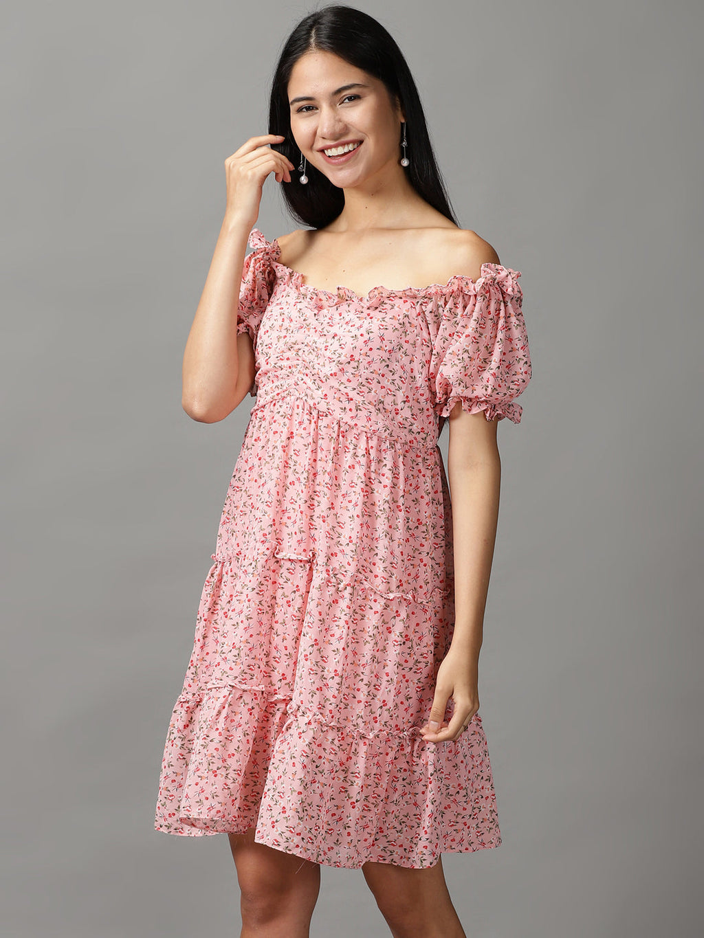 Women's Pink Floral Off-Shoulder Layered Empire Dress