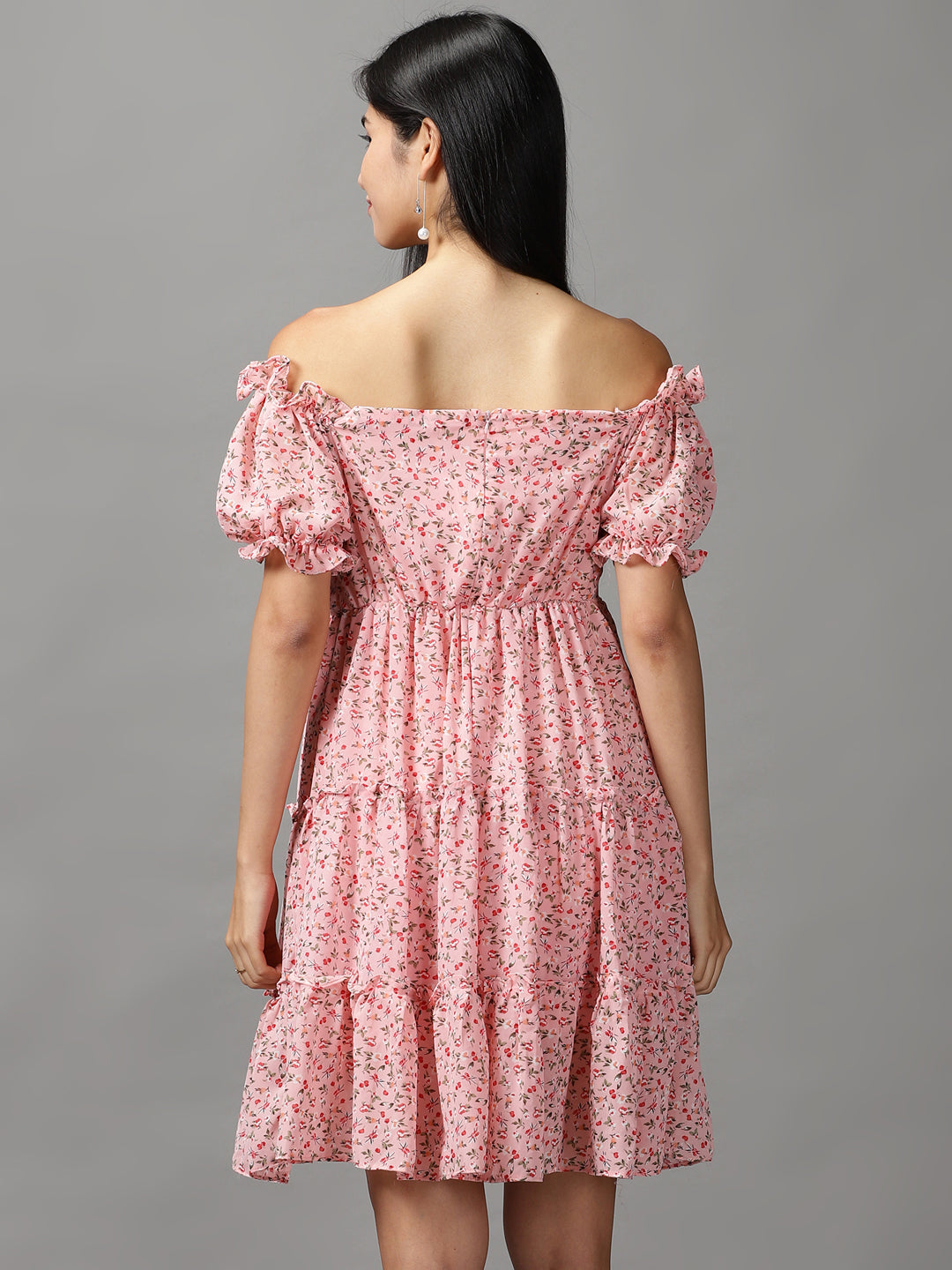 Women's Pink Floral Off-Shoulder Layered Empire Dress