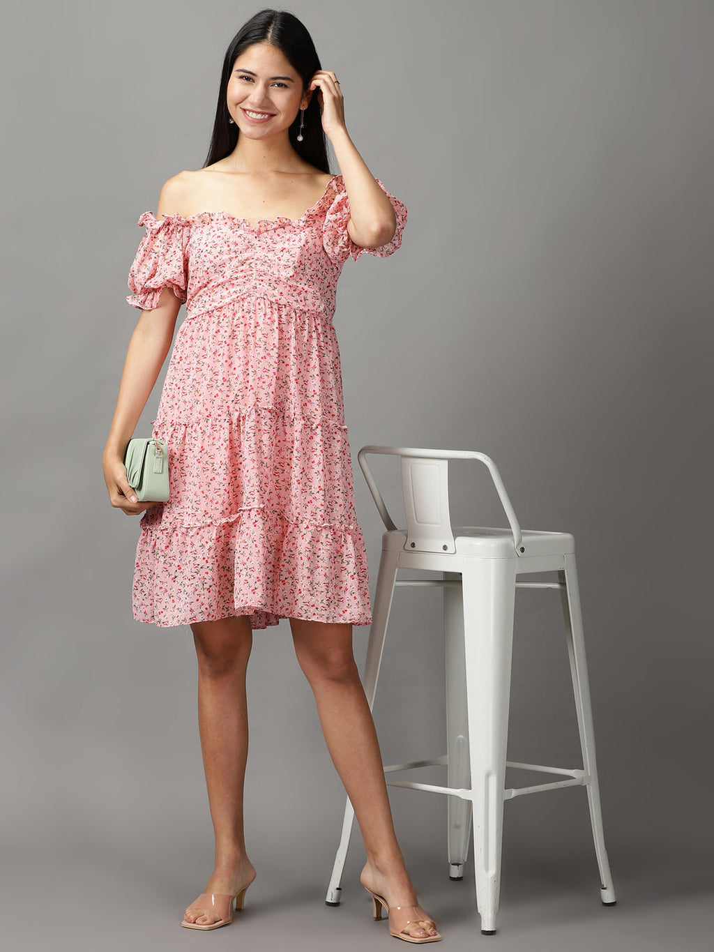 Women's Pink Floral Off-Shoulder Layered Empire Dress