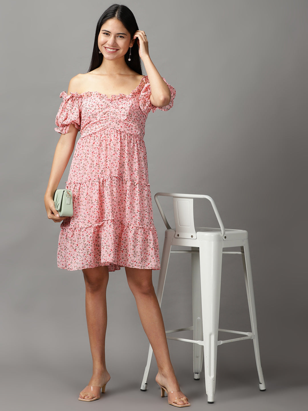Women's Pink Floral Off-Shoulder Layered Empire Dress