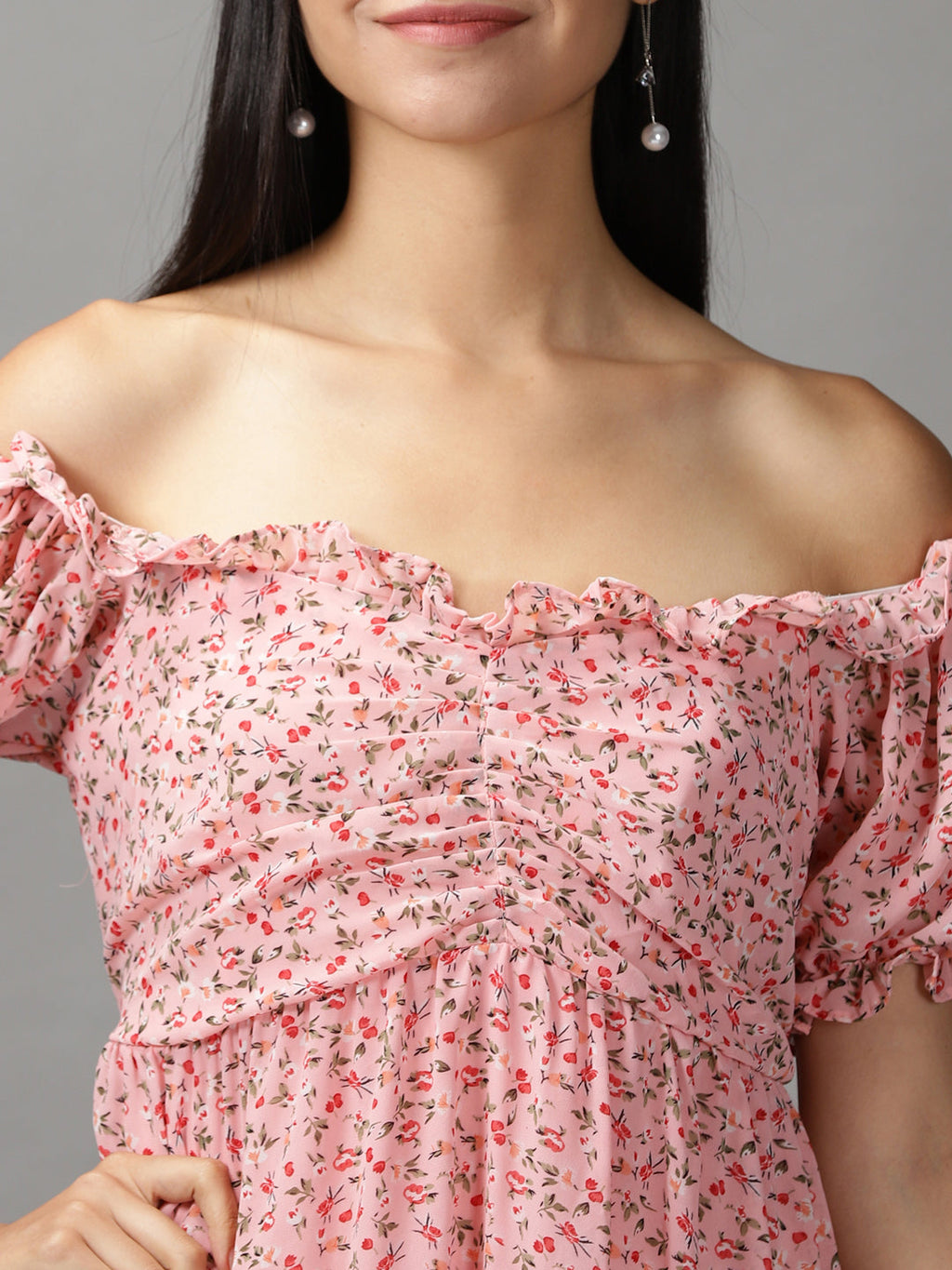 Women's Pink Floral Off-Shoulder Layered Empire Dress