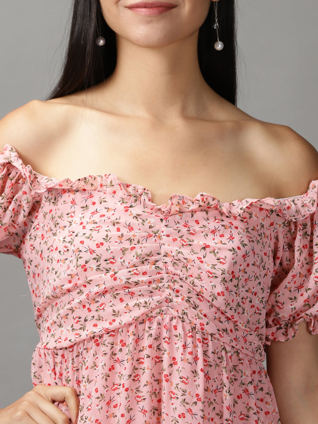Women's Pink Floral Off-Shoulder Layered Empire Dress