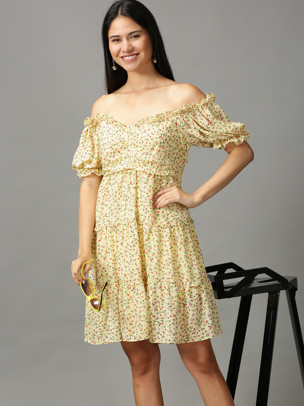 Women's Yellow Floral Off-Shoulder Ethnic Dress