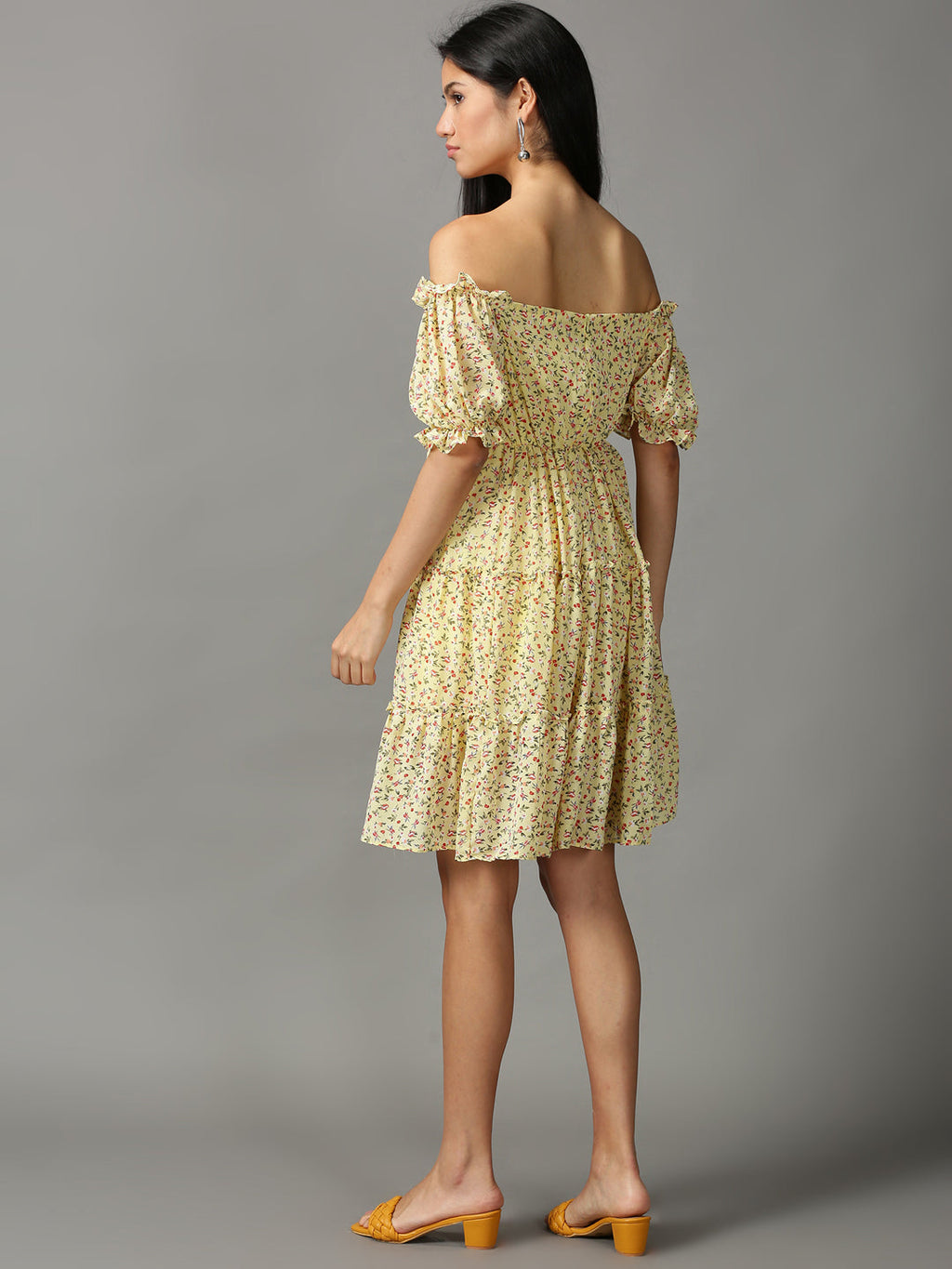 Women's Yellow Floral Off-Shoulder Ethnic Dress