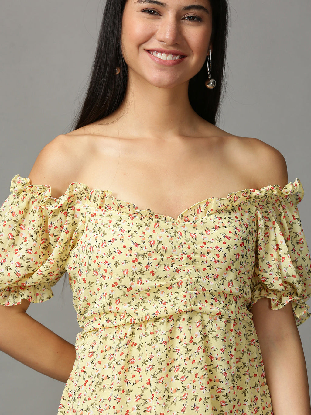 Women's Yellow Floral Off-Shoulder Ethnic Dress