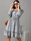 Women's Blue Floral Off-Shoulder Fit & Flare Dress